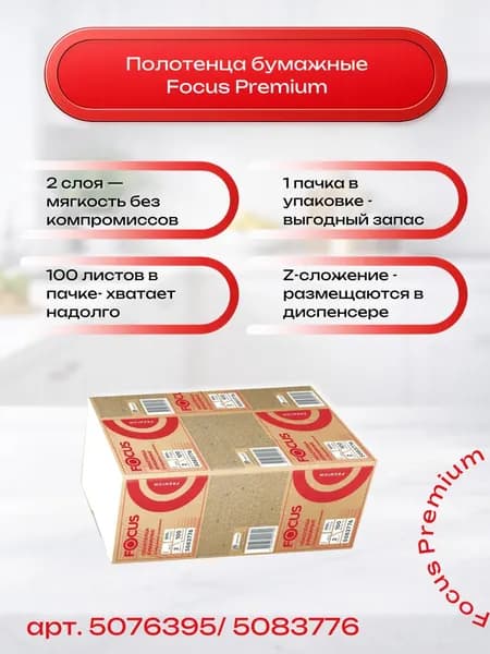 Полотенца бумажные Focus Premium, Z сложения, 2 слоя, 24х21,5 см, 100 листов, 1 пачка (5076395/5083776)