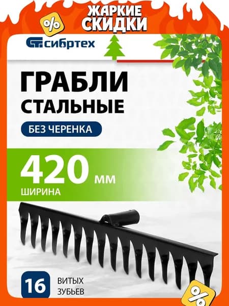 Грабли садовые стальные СИБРТЕХ, 420 мм, 16 витых утолщенных зубьев из конструкционной углеродистой стали, без черенка, 61750