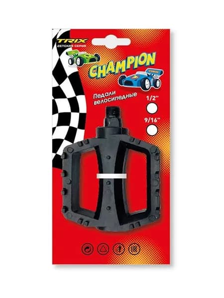 Педали детские TRIX Champion пластиковые, 100x80мм, резьба 916, с шипами, черные