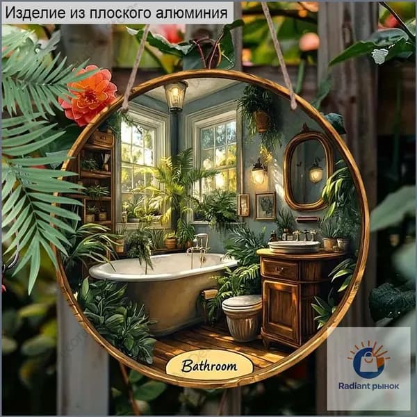 Круглая алюминиевая табличка 20 см, 2D плоская, винтажная ванная с растениями, знак Bathroom, декор для дома