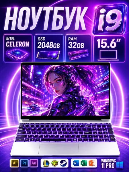 Ноутбук для работы и учебы Ноутбук 15.6", Intel Celeron N5095A, RAM 32 ГБ, SSD 2048 ГБ, Windows Pro, серебристый, Русская раскладка