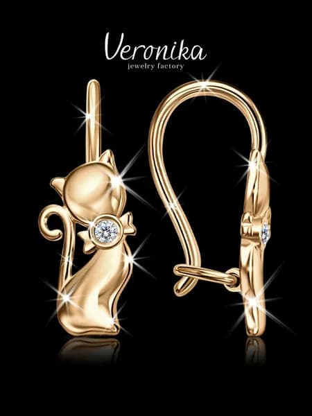 Серьги серебро 925 позолоченное Кошка с фианитами Veronika jewelry factory