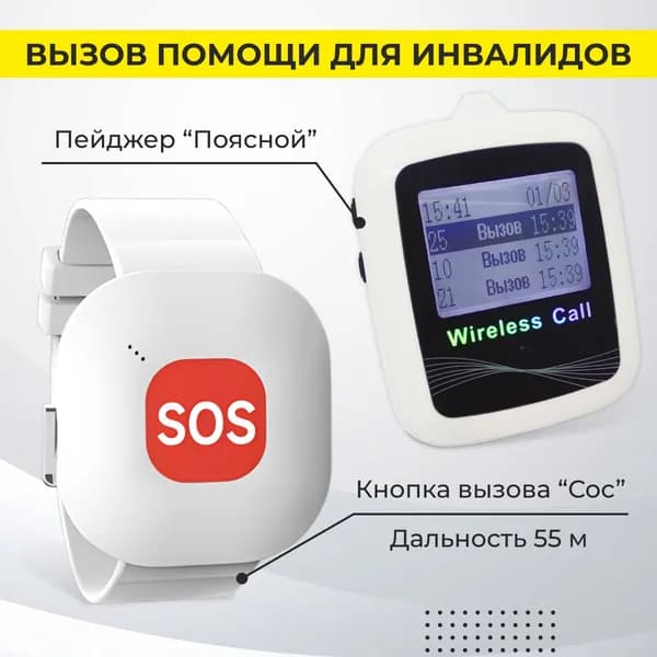 Кнопка вызова SOS/СОС, помощи инвалиду, часы пейджер. Комплект