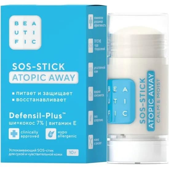 Успокаивающий SOS-стик BEAUTIFIC Atopiс away для сухой и чувствительной кожи, 10 г (4610172181627)