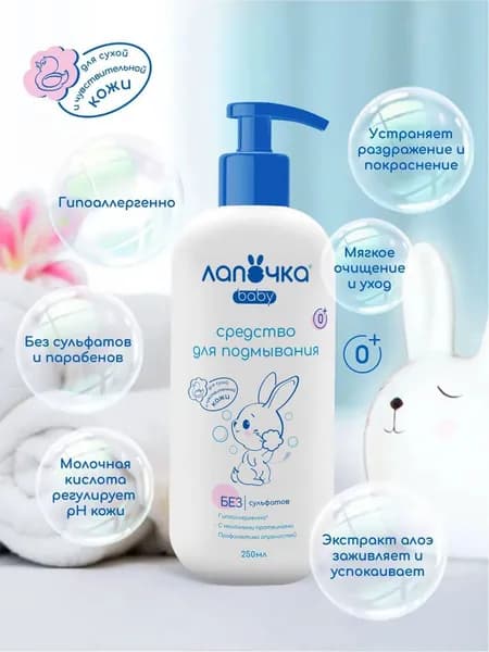 ЛАПОЧКА/ Средство для подмывания младенцев в пласт. флаконе с мех. дозатором, 250 мл.