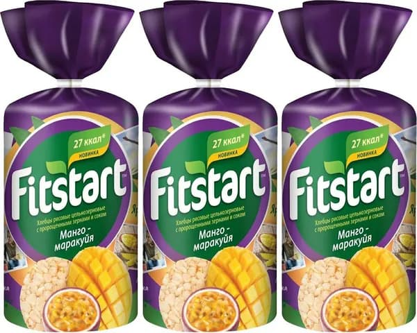 Хлебцы рисовые Мистраль Fitstart с пророщенными зернами манго-маракуйя, комплект: 3 упаковки по 100 г