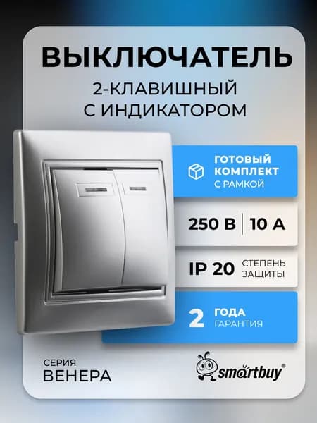 Выключатель Smartbuy 2-клавишный с индикатором 10А серебро, "Венера" (SBE-01s-10-SW2-1-c)