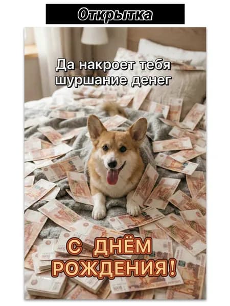 Открытка с днём рождения, поздравительная собака в деньгах, корги