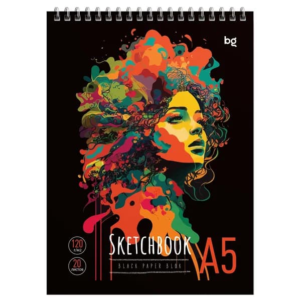 Скетчбук для рисования 20 листов, А5 BG "Stylish girl", на гребне, черный блок, 120г/м2