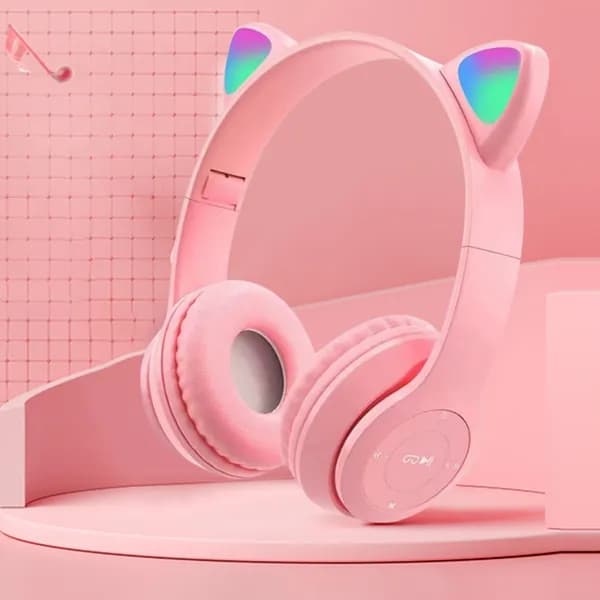 Стерео наушники Bluetooth P47M, розовые, с подсветкой и ушками кота