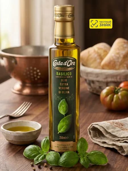 Масло оливковое COSTA D'ORO Extra Virgin нерафинированное со вкусом и ароматом базилика 250 мл стеклянная бутылка