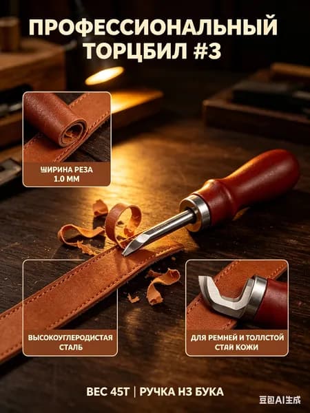 Кромкорез для кожи 1.0 мм (торцбил №3), инструмент для снятия фаски и обработки уреза на толстой коже, стальной с деревянной ручкой