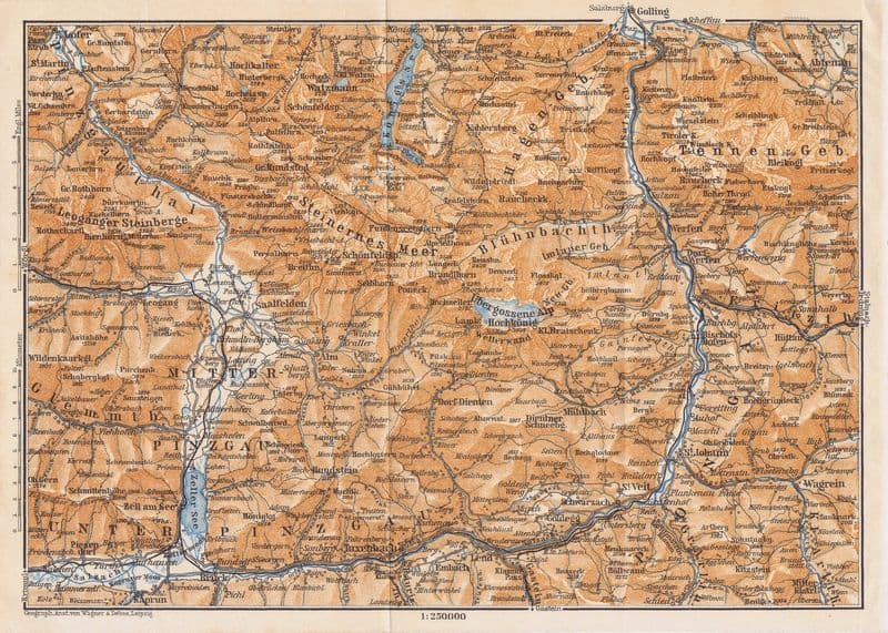 Географическая карта антикварная. Австрия. Долина реки Зальцах и земля Пинцгау. Смешанная техника. Германия, 1912 год