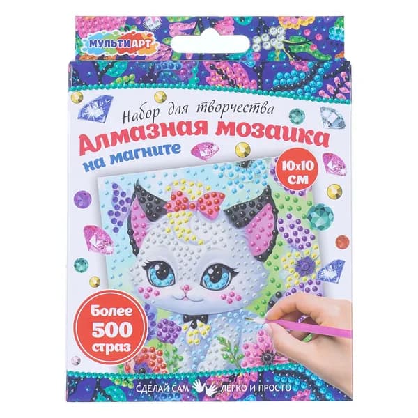 Набор для творчества Алмазная мозаика для детейна магните котик с бантиком МУЛЬТИ АРТ