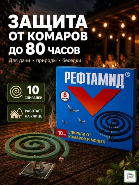 Спирали от комаров и мошек Рефтамид 10 шт, средство от комаров и летающих насекомых, защита для дачи, природы, беседки и улицы