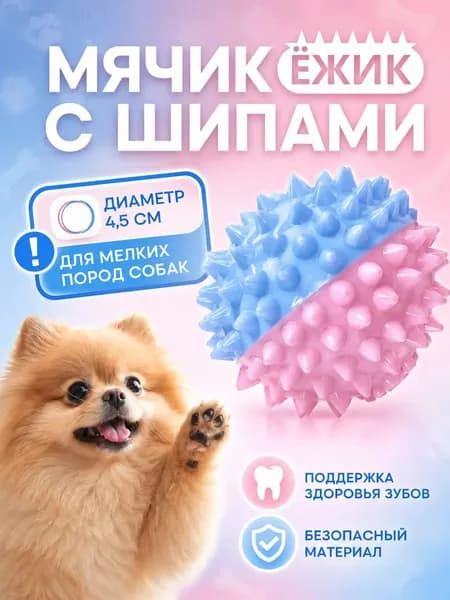 Игрушка для собак, мячик-ежик с шипами 4.5 см для мелких пород собак, мяч жевательный, розово-голубой