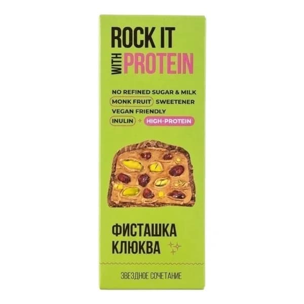 Батончик протеиновый Rock It With протеиновый с фисташками и клюквой в шоколаде 40 г