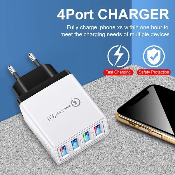 4-портовый USB-зарядное устройство для смартфонов с LED-подсветкой, европейский стандарт, чёрно-белое