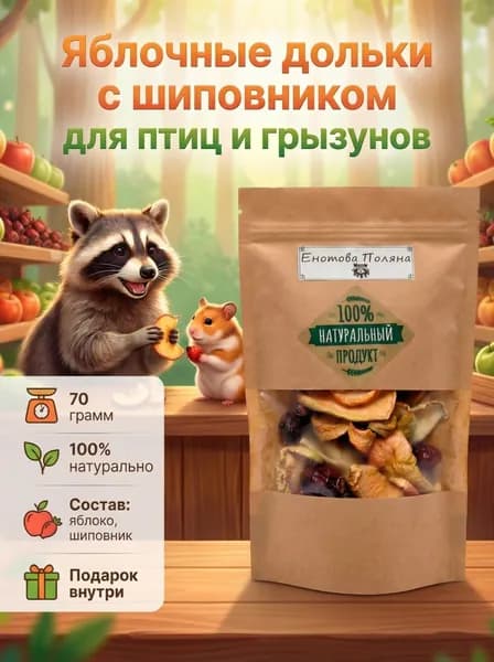 Лакомство для грызунов и птиц, Сушеные яблоки и шиповник, 70 грамм