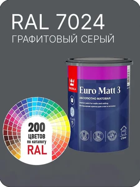 Краска для стен и потолков Tikkurila Euro Matt 3 абсолютно матовая графитовый серый Ral 7024 0.9 л.