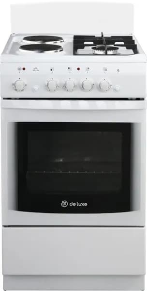de luxe 506022.03гэ (щ)ЧР-030 Плита комбинированная 506022.03гэ(щ) ЧР-030 белый/черный, конфорок газовых 2 шт и электрических 2 шт, духовка 54 л, 50 см x 85 см x 60 см