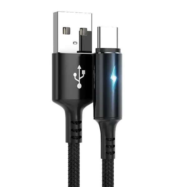 (1 шт.) Кабель для передачи данных USB- Type C в оплетке fish wire с подсветкой-120 см-черный