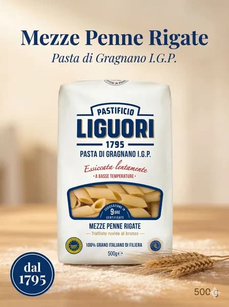 Паста Liguori Mezze Penne Rigate короткие перья ригате итальянская премиум из твёрдых сортов пшеницы Pasta di Gragnano IGP, 500 г
