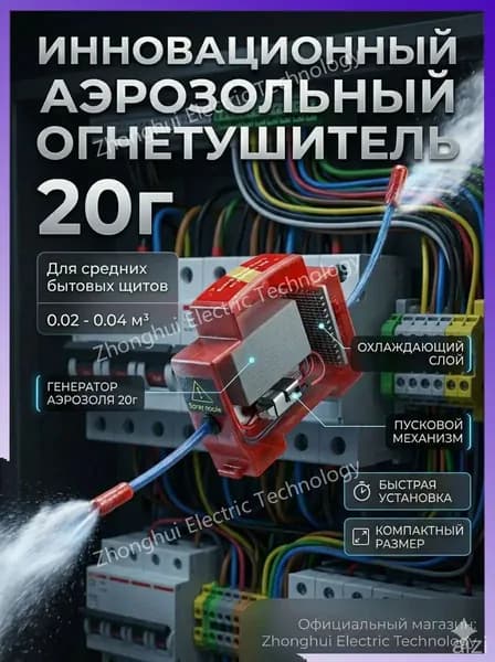Автономная установка аэрозольного пожаротушения, автоматический огнетушитель для автомобиля, электрощита и ИБП, крепление на DIN-рейку, термоактивирующийся, 20г