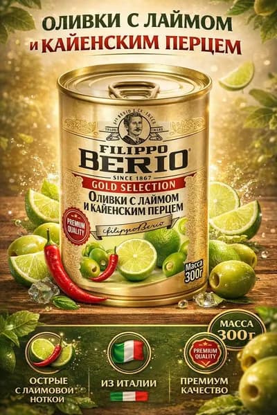 Оливки без косточки с лаймом и перцем 300гр Filippo Berio