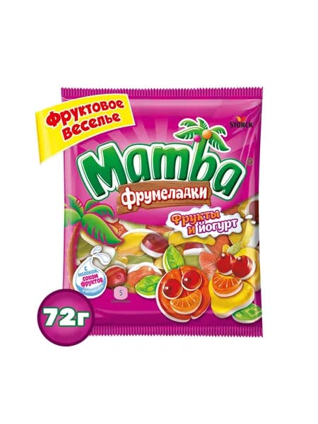 Mamba Фрумеладки Фрукты и Йогурт, мармелад жевательный с йогуртом, фруктовым соком и витаминами, ассорти фруктовых и ягодных вкусов, 72г / Мамба