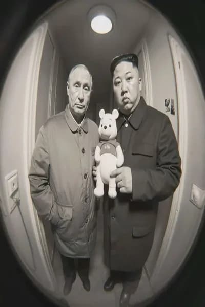 Декоративная картина по металлу "Путин и Ким Чен Ын держат Винни-Пуха глазами кошки", 20х30 см