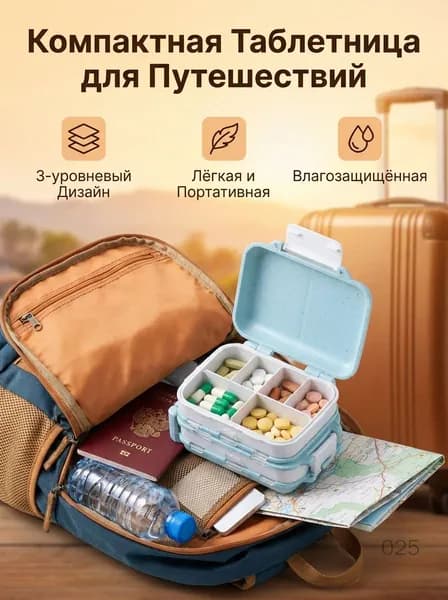 Таблетница складная трёхсекционная компактная для путешествий