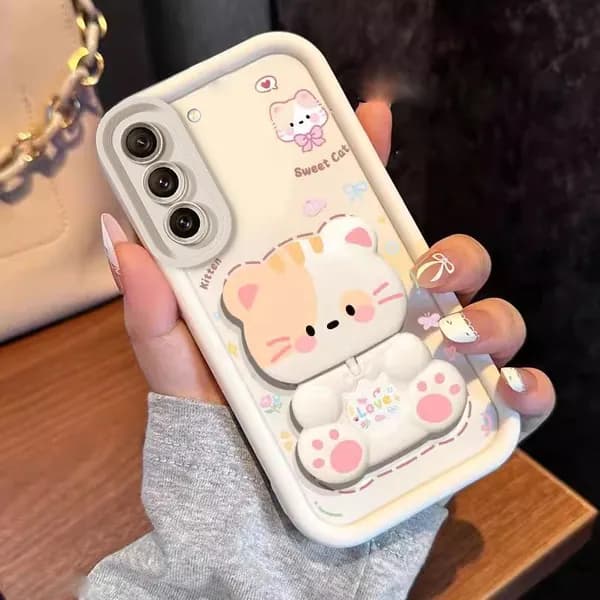 Чехол для Samsung Galaxy s25 fe / Самсунг Галакси s25 fe, мягкий силиконовый чехол, ударопрочный, новый дизайн, эстетичный кот с держателем, черно-белый JTMMZJ01