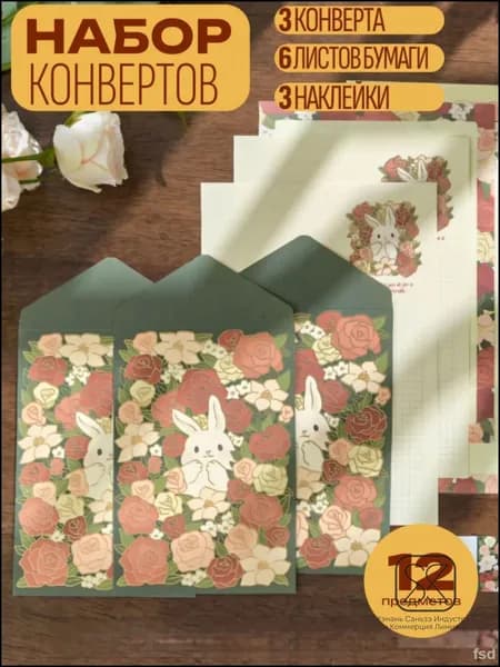 Конверты бумажные и бумага для писем, 12 предметов.