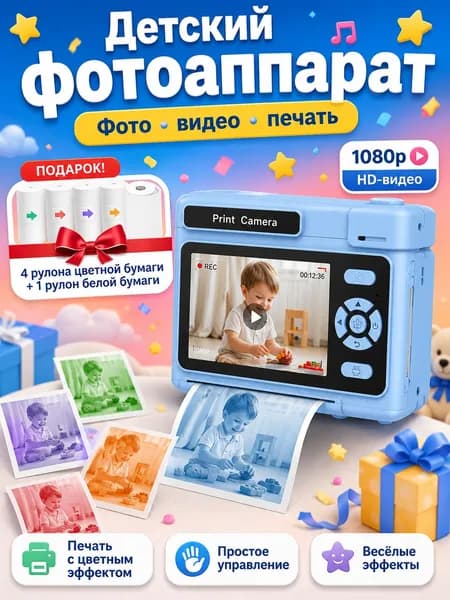 фотоаппарат детский мгновенной печати, Цветная печать,HD видео, простой интерфейс