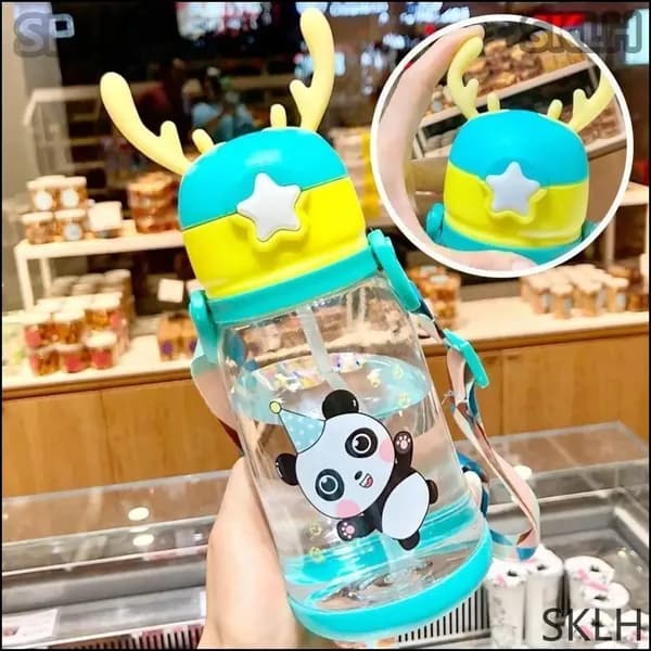 Чашка для воды большой емкости, летняя пластиковая чашка в форме рога для детского сада с соломинкой для детей с узором кролика