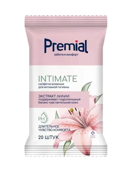 Premial Beauty Салфетки влажные для интимной гигиены, с экстрактом лилии, женские, 20 штук в упаковке