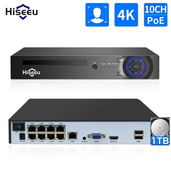 Hiseeu 8CH 4K POE NVR H.265 видеорегистратор с аудиовыходом для IP видеонаблюдения Жесткий диск объемом 1 ТБ