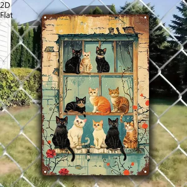 2D плоское ретро украшение для оконного подоконника из металла - 8x12inch постеров в деревенском стиле из железа, 6 милых узоров с кошками