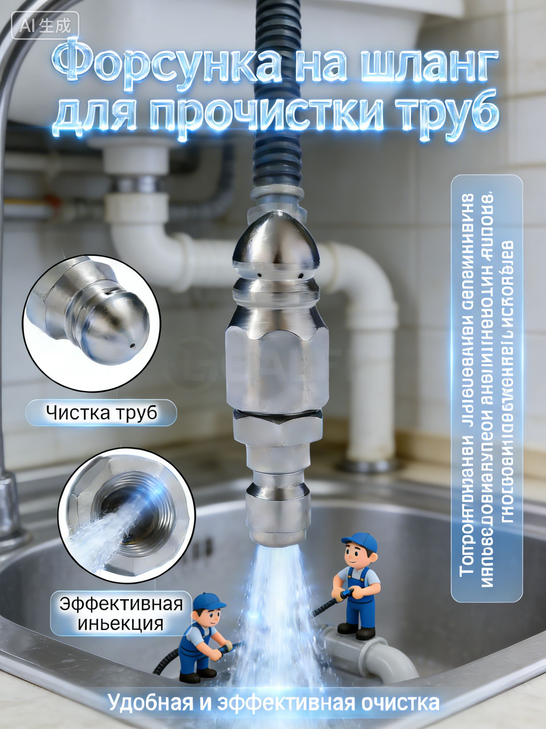 Форсунка на шланг для прочистки труб, 1 струя вперед и 6 назад, для глубокого очищения труб, вход 1/4 дюйма