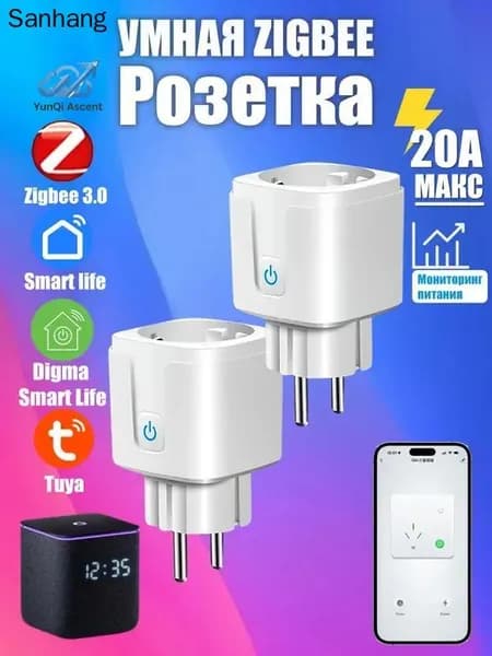 2шт Умная розетка ZigBee 3.0 EU 20A с Алисой, таймер и мониторинг