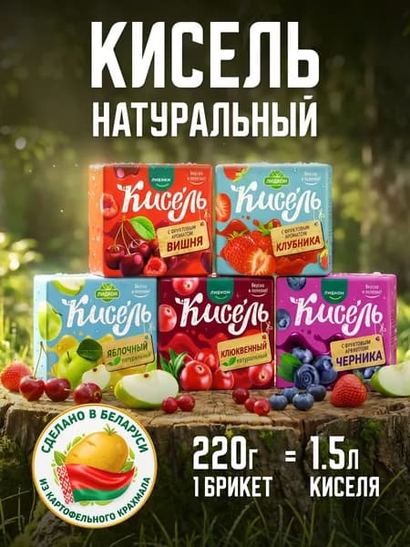 Кисель Лидкон в брикетах ассорти 5 вкусов (яблоко, клюква, черника, вишня, клубника), кисель быстрого приготовления натуральный