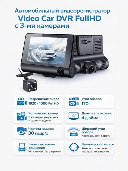 Автомобильный видеорегистратор с 3 камерами