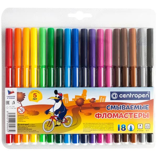 Фломастеры для рисования набор Centropen "Washable", 18 цветов, смываемые, блистер