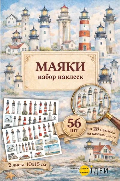 Наклейки для скрапбукинга стикеры Маяки морские, 56 шт, 2 листа, набор для ежедневника, тревелбука и посткроссинга, акварельные иллюстрации