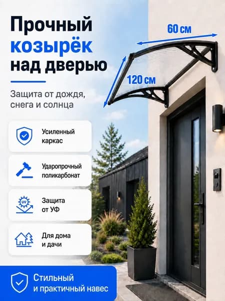 Навес-козырек над крыльцом усиленный, вынос 60 см, ширина 160/180/200/240/300 см, пластиковый, защита от осадков и снега