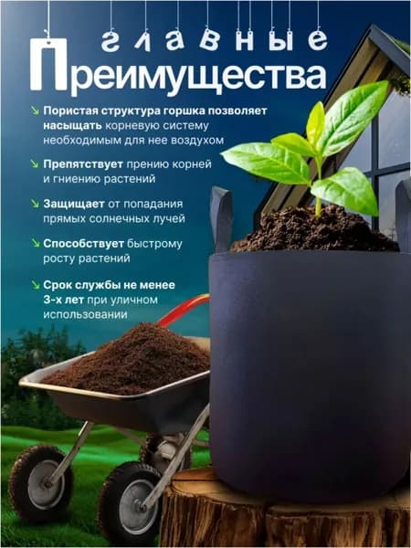 Мешок-горшок для растений 20 л, 29 см, 1 шт, цвет черный