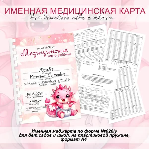 Именная мед.карта в детский сад/школу А4 на пластиковой пружине "Дракоша девочка"