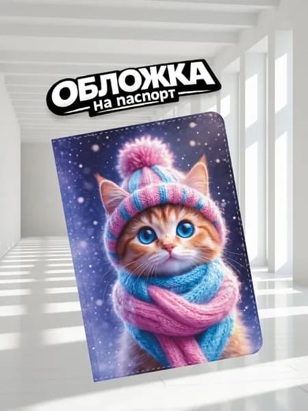 Обложка на паспорт прикольная Кошка в шапке (П-031)