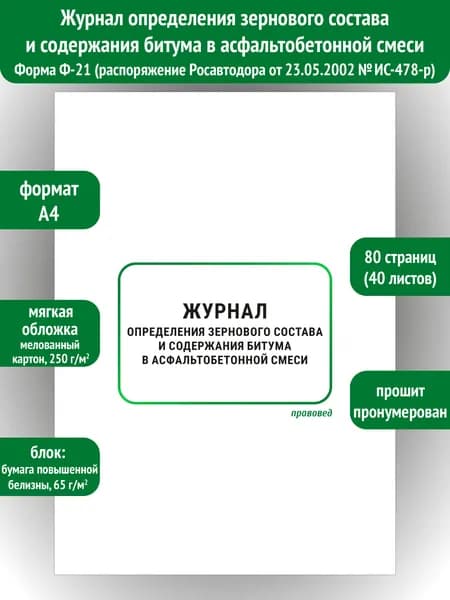 Журнал определения зернового состава и содержания битума в асфальтобетонной смеси Ф-21